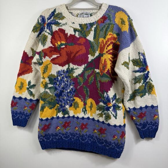 Vintage Crystal Kobe Floral Chunky Sweater Small Grandmacore 90s Tunic Cottage - Picture 14 of 14